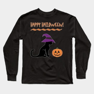 Halloween Witch Cat and Pumpkin Long Sleeve T-Shirt